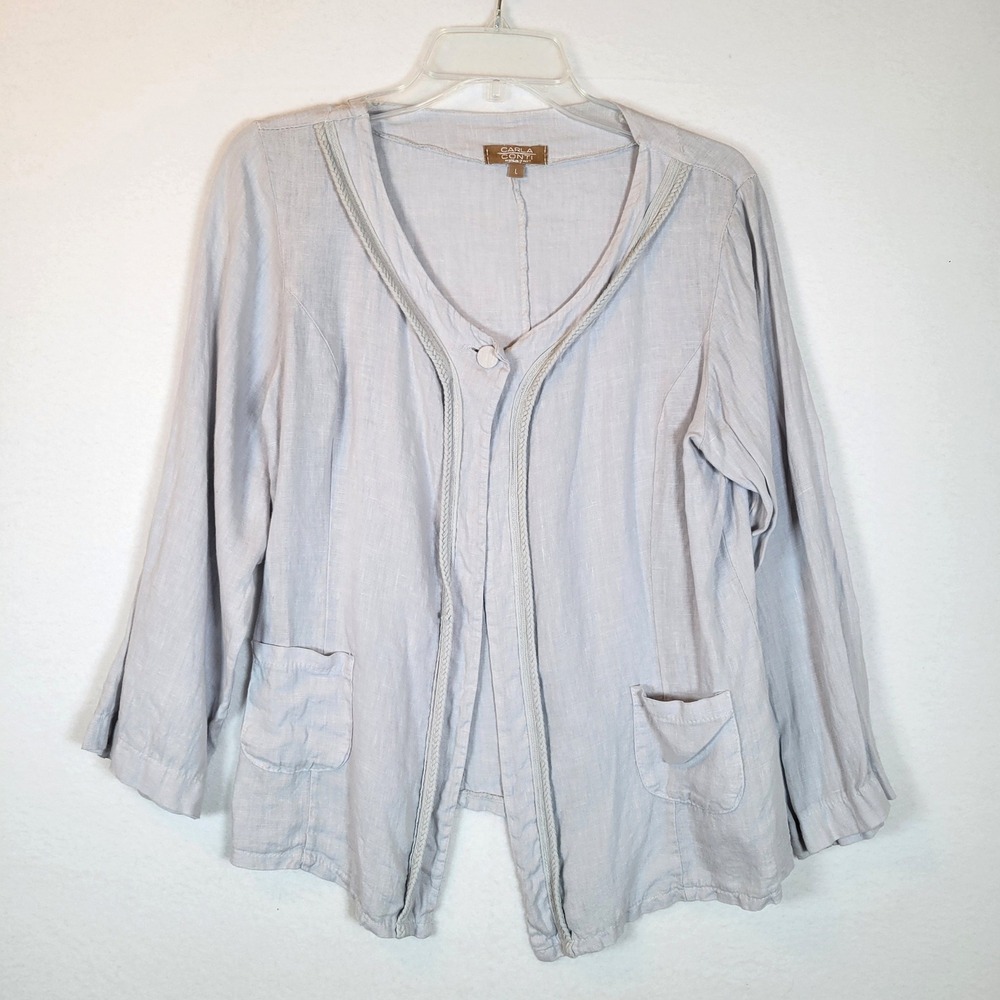 CARLA CONTI Womens Linen Lightweight Jacket Cardigan Size Large Gray Lagenlook